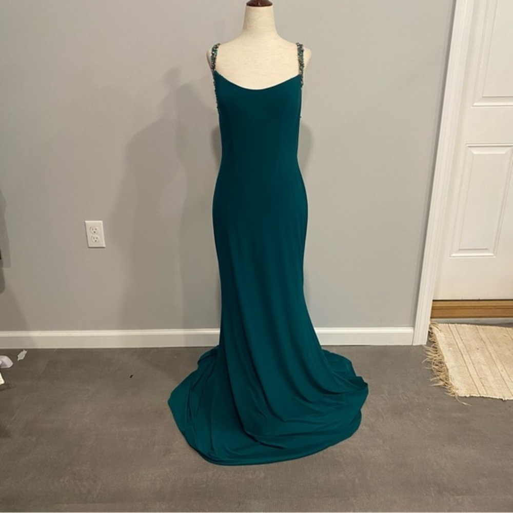 Faviana Green Open Back Rhinestone Long Dress with Train Size 10